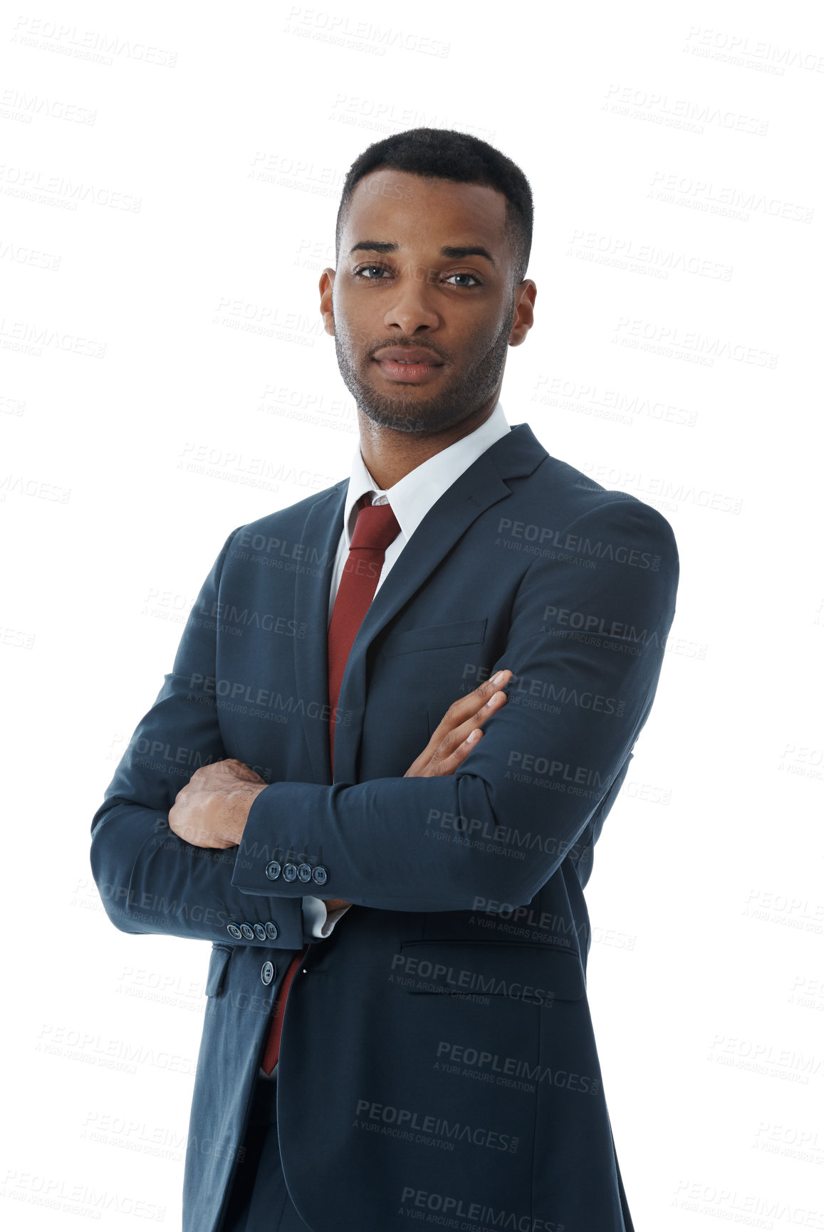 Buy stock photo A handsome businessman with his arms folded while isolated on white