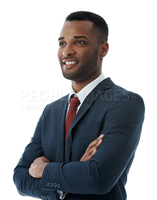 Buy stock photo Businessman, thinking and confidence in studio with smile for professional career in corporate law, legal practice and justice. Male lawyer, arms crossed and pride for attorney with white background.