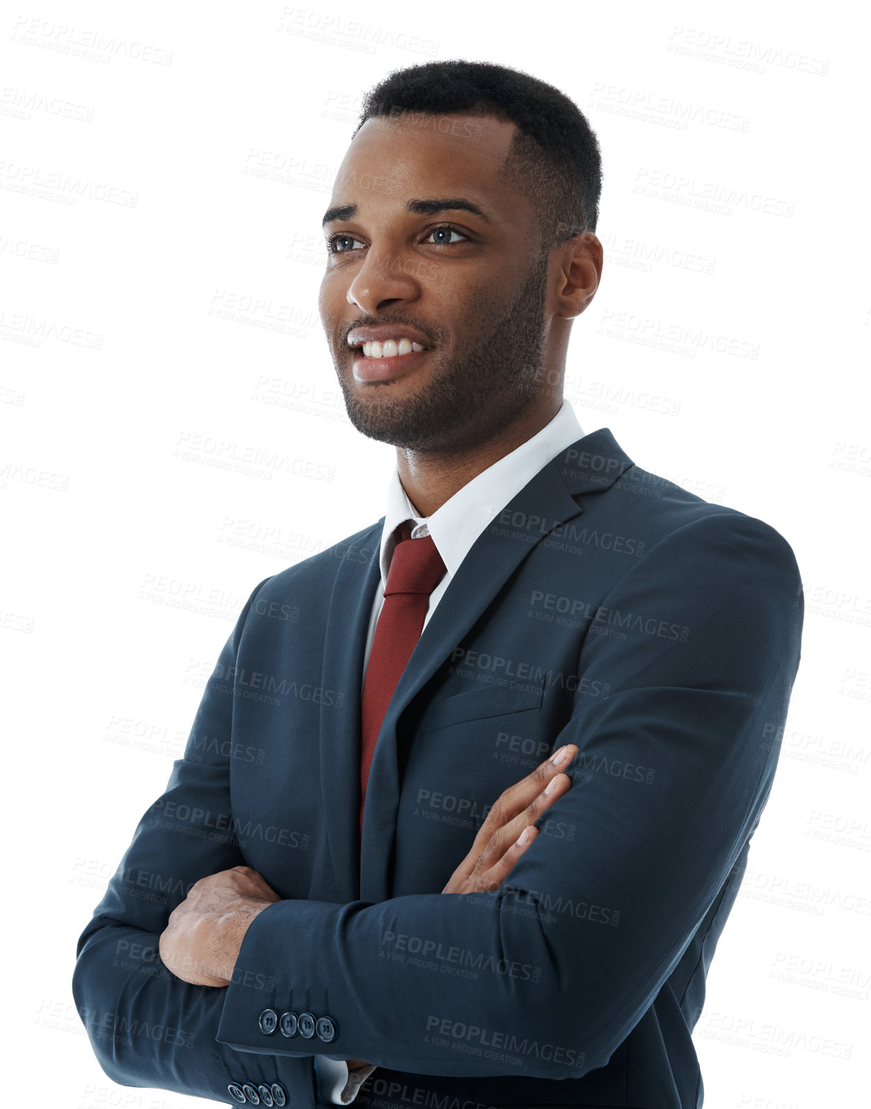 Buy stock photo Businessman, thinking and confidence in studio with smile for professional career in corporate law, legal practice and justice. Male lawyer, arms crossed and pride for attorney with white background.