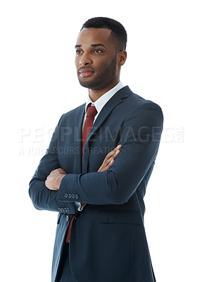 Buy stock photo Businessman, thinking and arms crossed in studio with advisor for professional career in corporate law, legal practice and justice. Male lawyer, confident and pride for attorney with white background