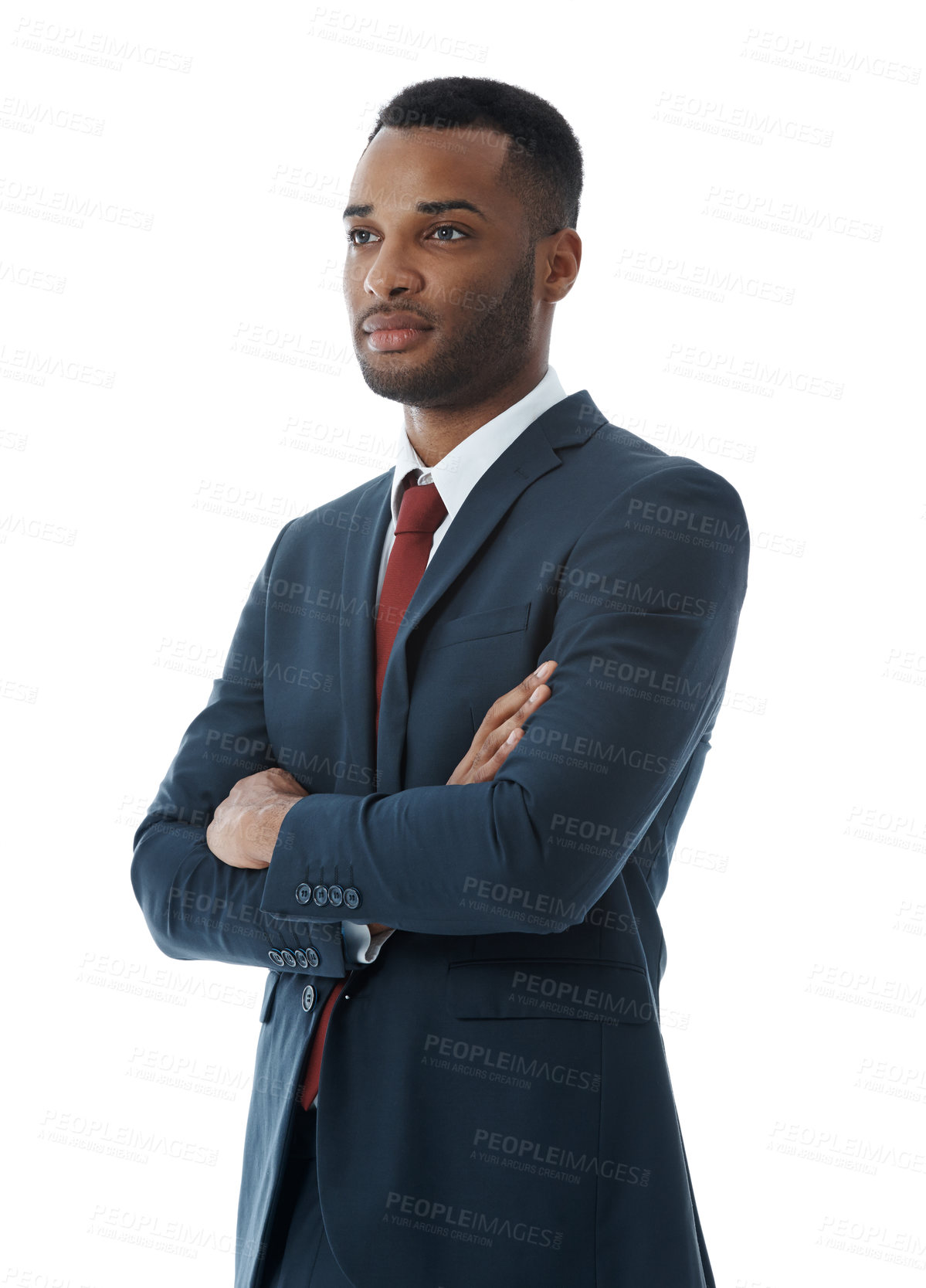 Buy stock photo Businessman, thinking and arms crossed in studio with advisor for professional career in corporate law, legal practice and justice. Male lawyer, confident and pride for attorney with white background