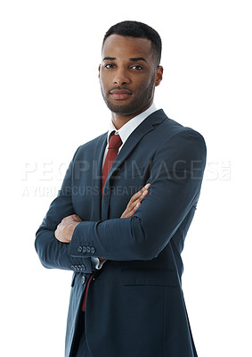 Buy stock photo Businessman, happy and confidence in studio with portrait for professional career in corporate law, legal practice and justice. Male lawyer, arms crossed and pride for attorney with white background.