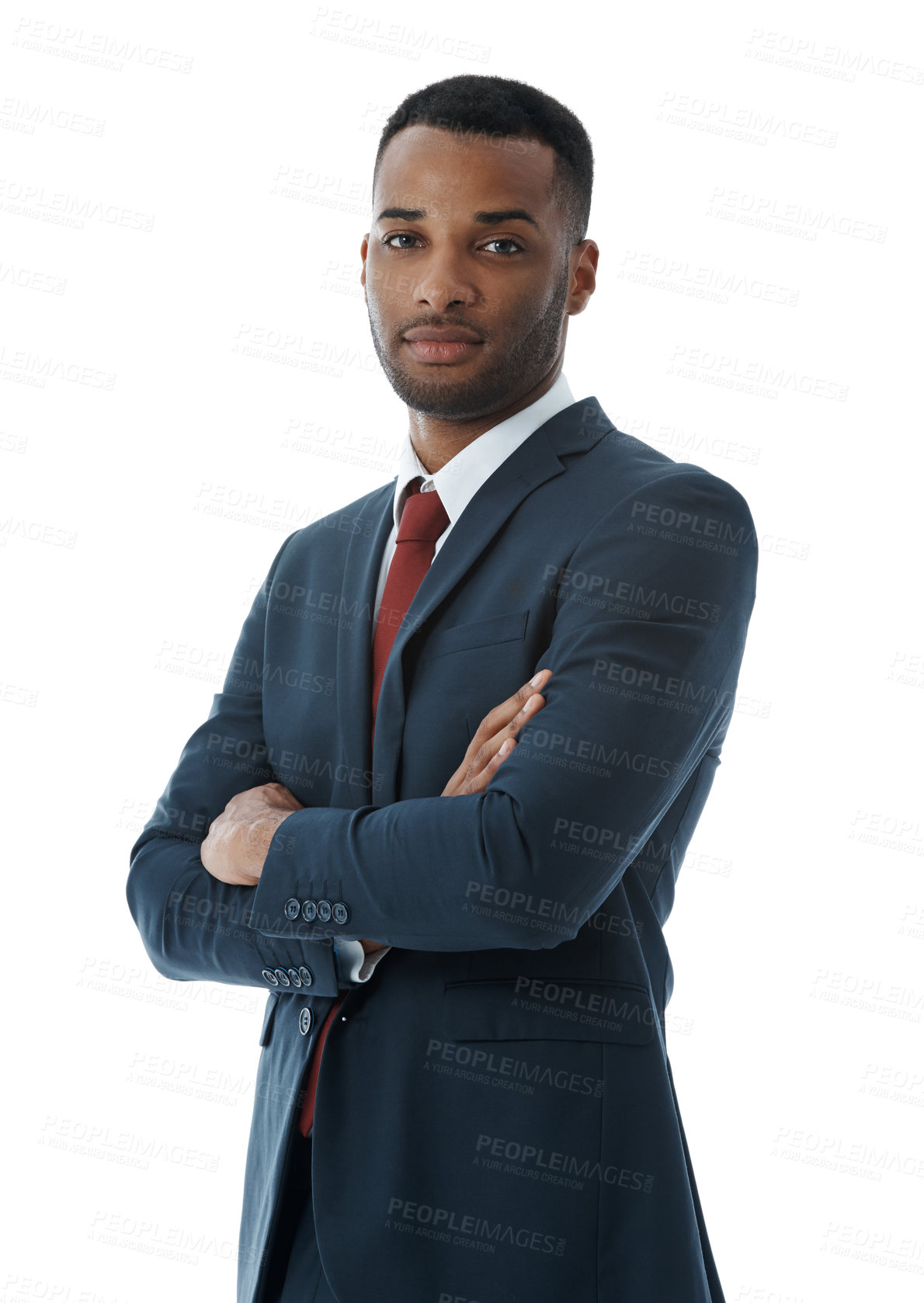 Buy stock photo Businessman, happy and confidence in studio with portrait for professional career in corporate law, legal practice and justice. Male lawyer, arms crossed and pride for attorney with white background.