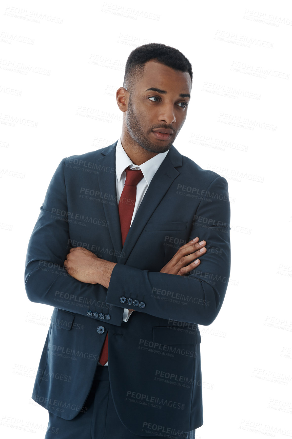 Buy stock photo Businessman, thinking and confidence in studio with pride for professional career in corporate law, legal practice and justice. Male lawyer, arms crossed and proud for attorney with white background.