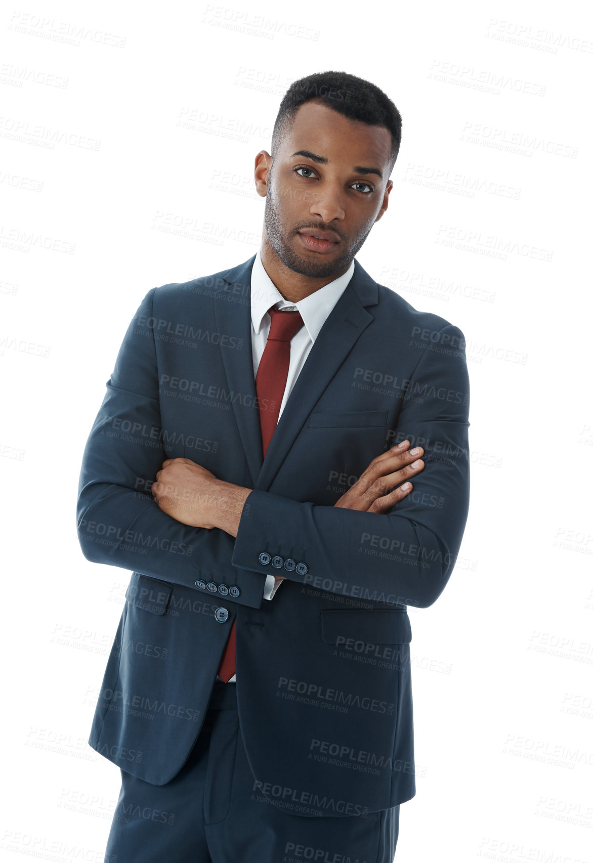 Buy stock photo Businessman, employee and confidence in studio with portrait for professional career in corporate law, legal practice and justice. Lawyer, arms crossed and pride for attorney with white background.