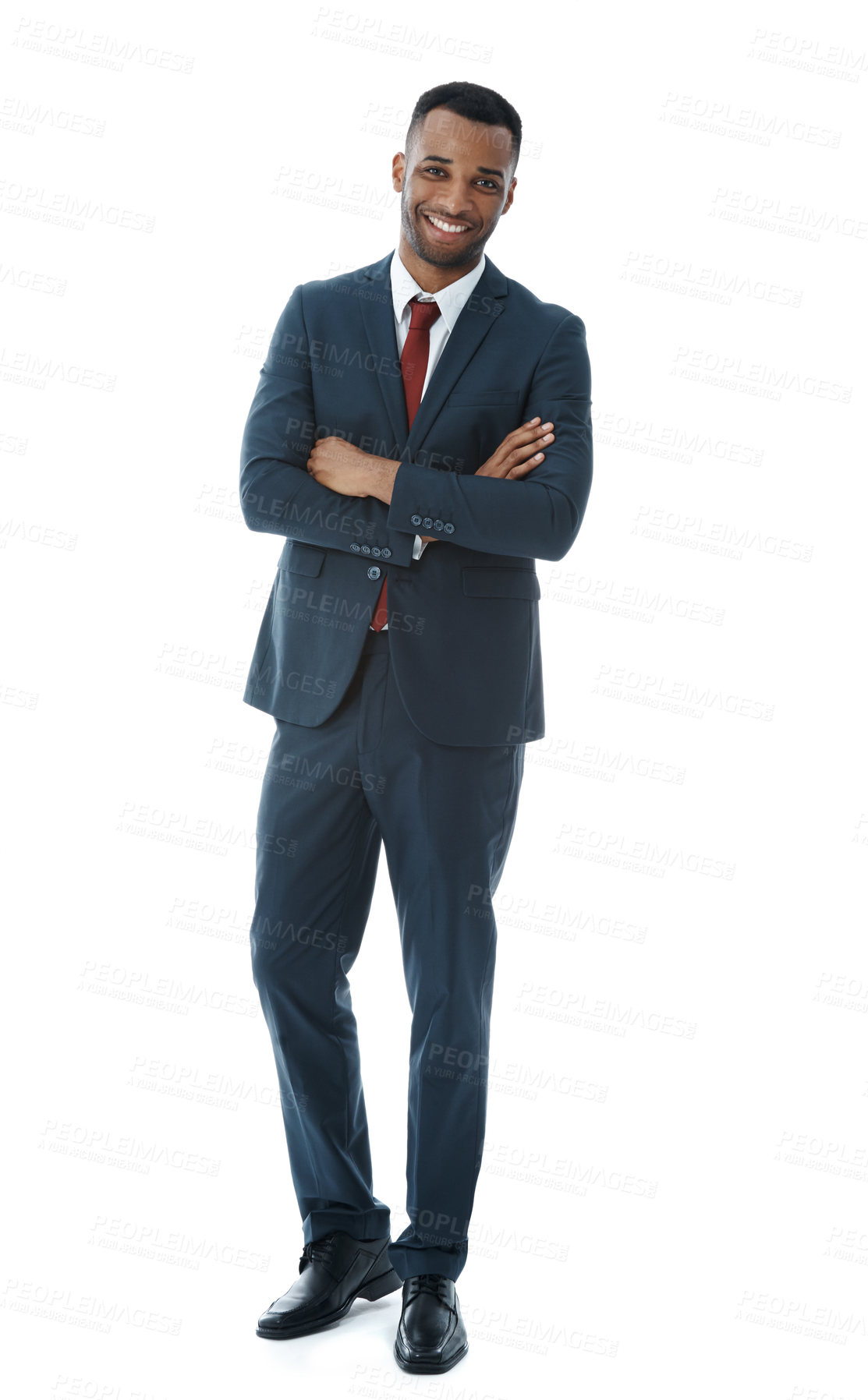 Buy stock photo Businessman, happy and arms crossed in studio with portrait for professional career in corporate law, legal practice and justice. Male lawyer, confidence and pride for attorney with white background.