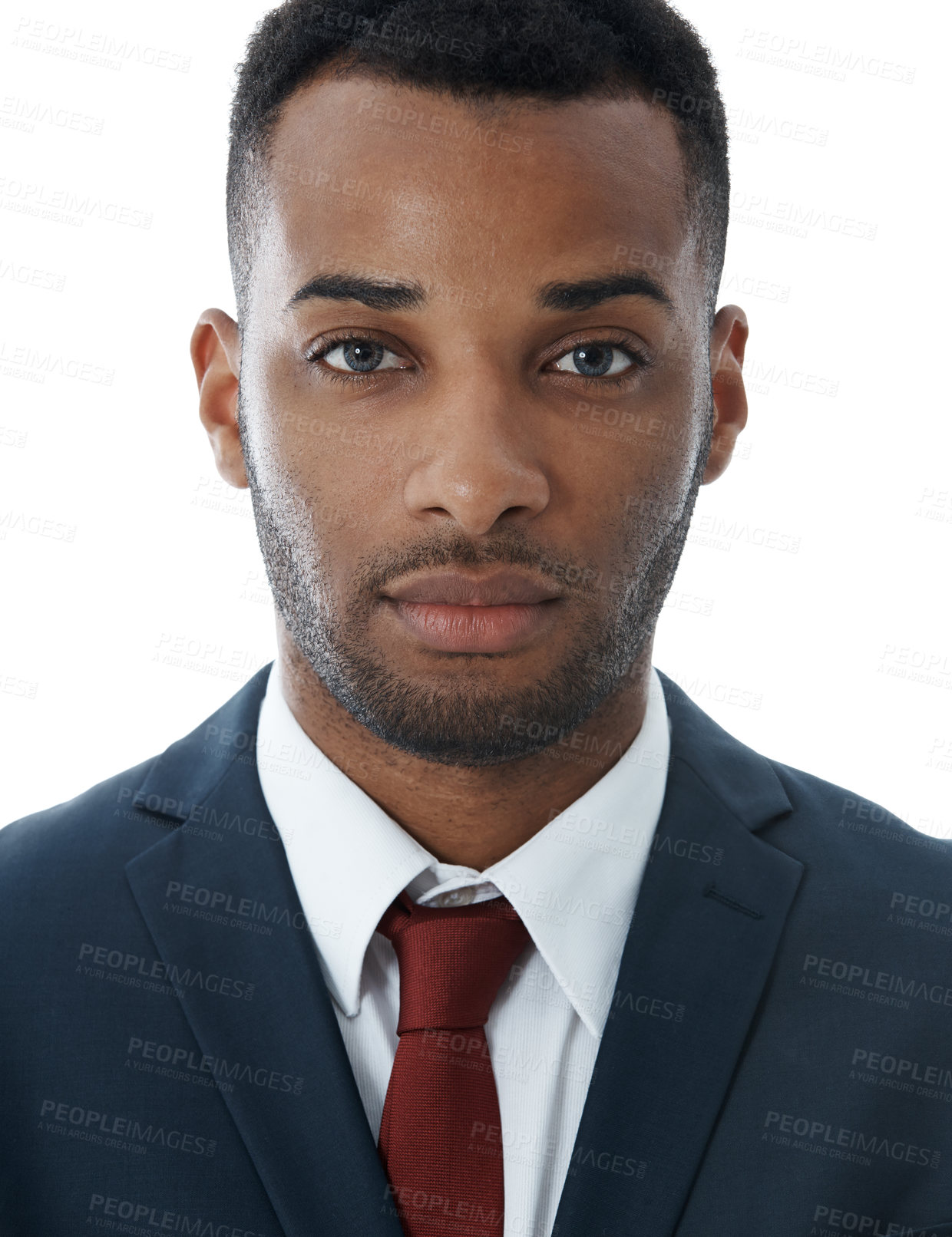 Buy stock photo Portrait, business or face of black man in studio with contact lenses, professional or expert. Male employer, serious or thinking on white background for career success, profile picture or identity