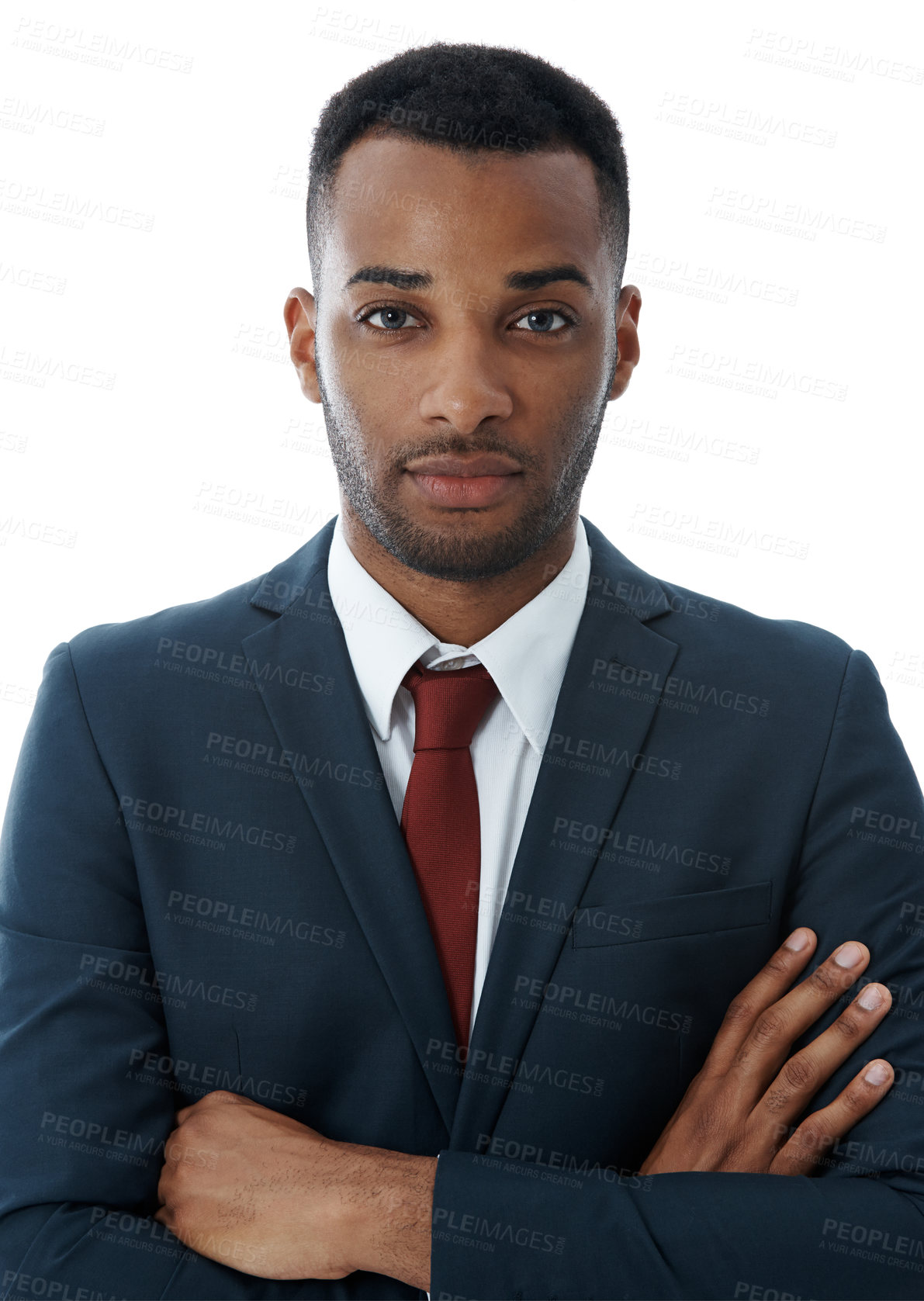 Buy stock photo Businessman, pride and arms crossed in studio with portrait for professional career in corporate law, legal practice and justice. Male lawyer, confidence and proud for attorney with white background.