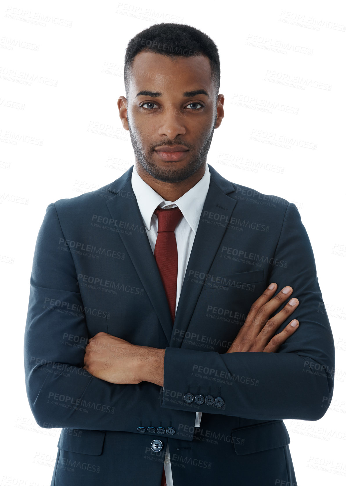 Buy stock photo Businessman, pride and confidence in studio with portrait for professional career in corporate law, legal practice and justice. Male lawyer, arms crossed and proud for attorney with white background.