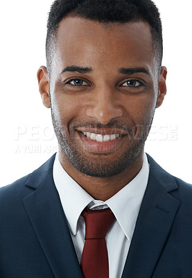 Buy stock photo Cropped portrait of a smiling young businessman isolated on white