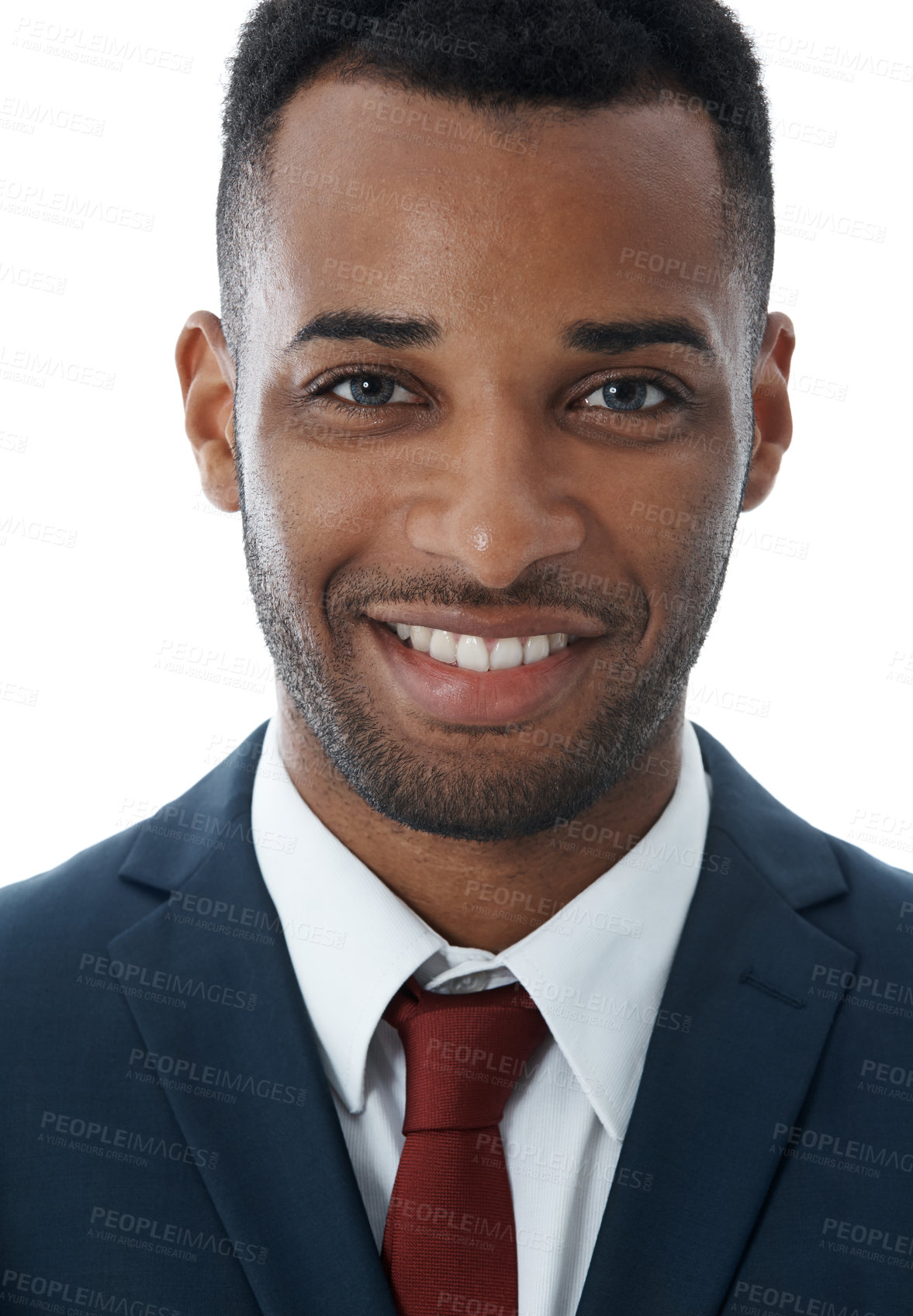 Buy stock photo Cropped portrait of a smiling young businessman isolated on white