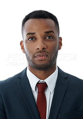 Buy stock photo Closeup portrait of a confident african american businessman or successful lawyer in a formal suit against a white studio background. Face of confident black man with stubble and blank expression
