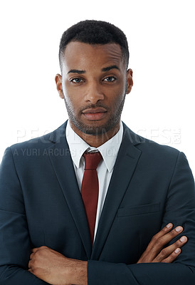 Buy stock photo Businessman, pride and confident in studio with portrait for professional career in corporate law, legal practice and justice. Male lawyer, arms crossed and proud for attorney with white background.