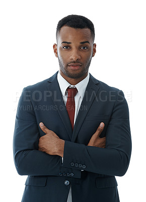 Buy stock photo Business, man and confidence in studio with portrait for professional career in corporate law, legal practice and justice. Male lawyer, arms crossed and pride for attorney with white background.