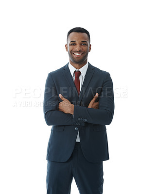 Buy stock photo Crossed arms, happy and portrait of businessman in studio with confidence, attitude and ambition. Professional, corporate and person with pride for lawyer career, work and job on white background