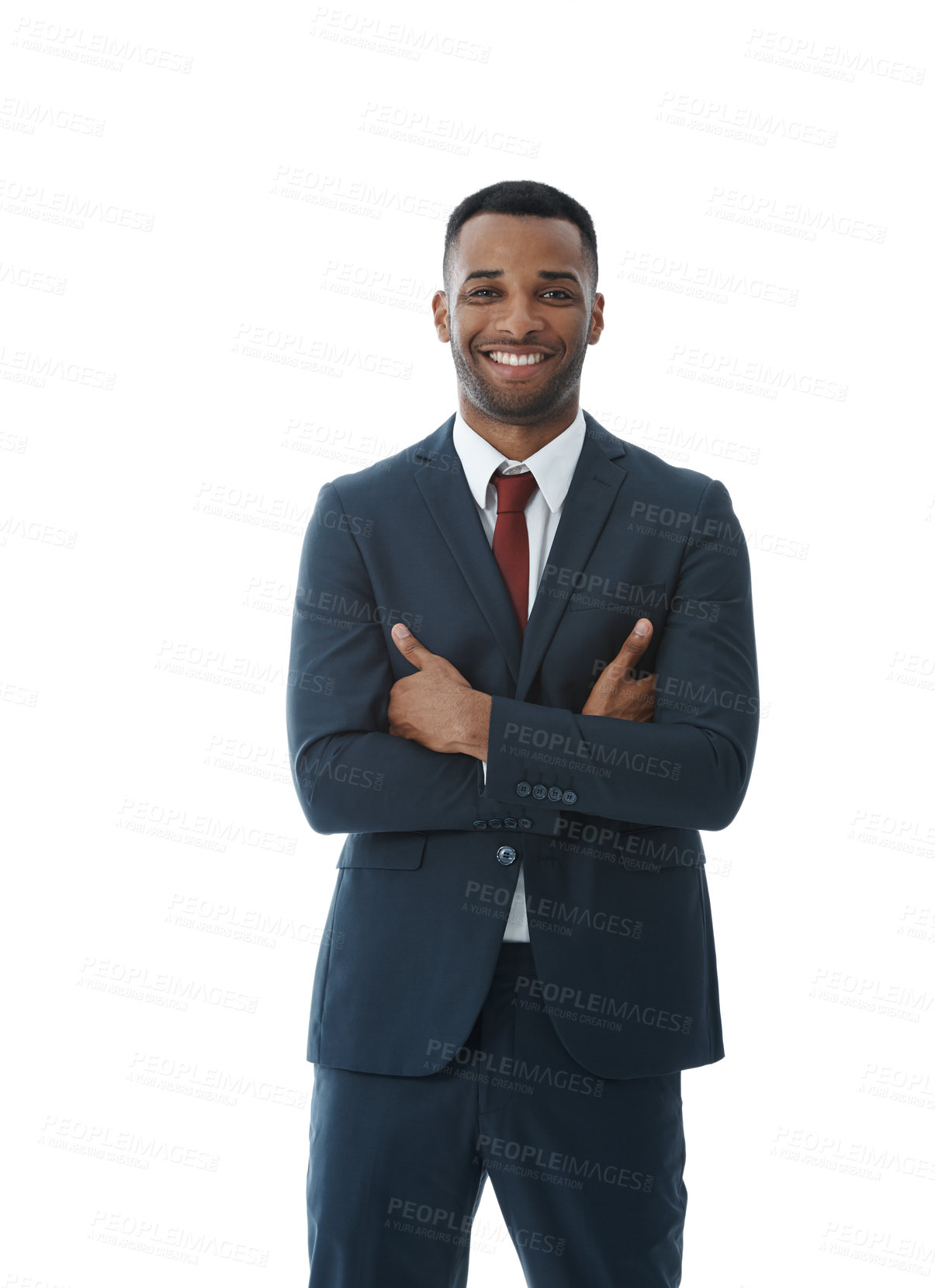 Buy stock photo Crossed arms, happy and portrait of businessman in studio with confidence, attitude and ambition. Professional, corporate and person with pride for lawyer career, work and job on white background