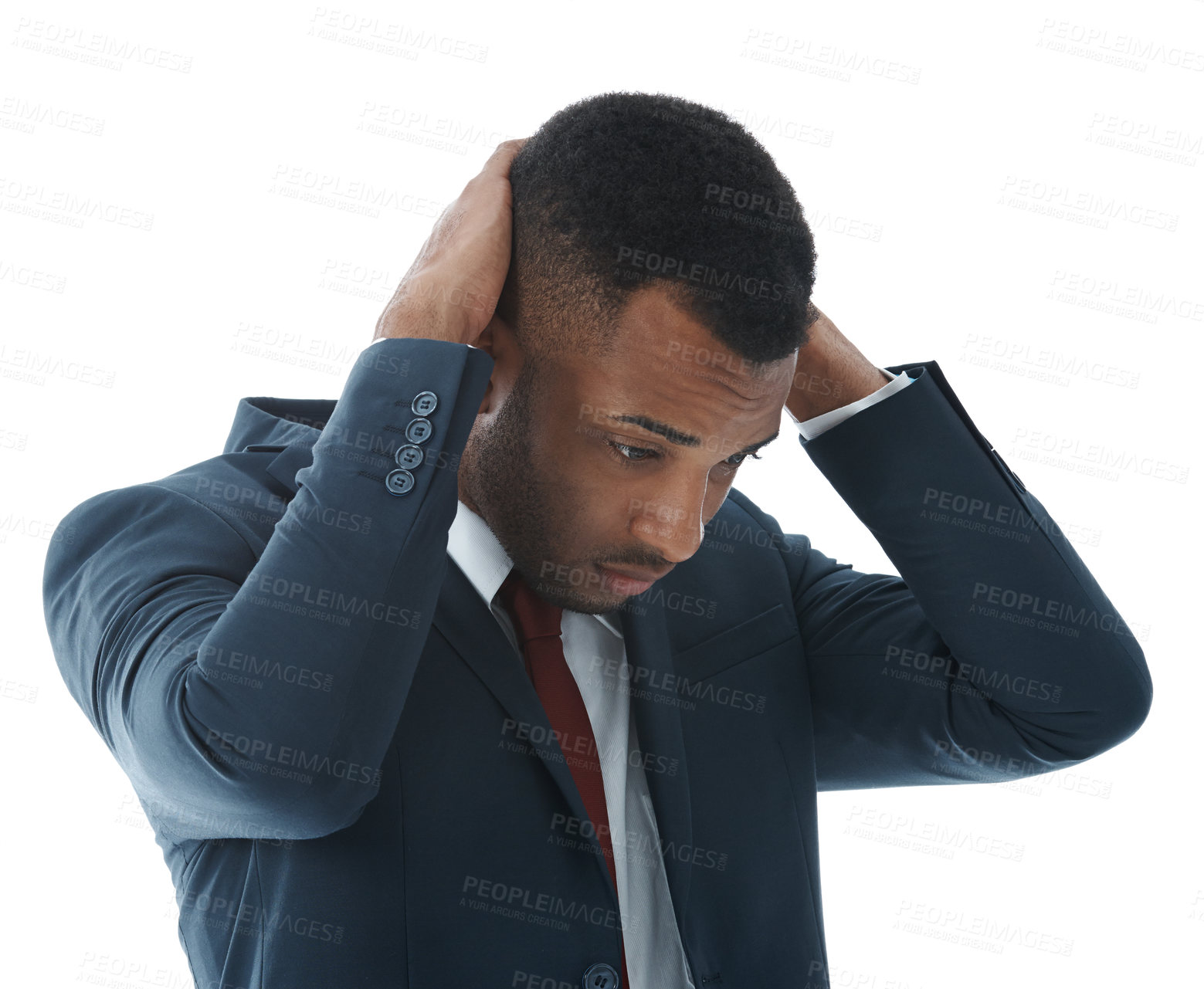 Buy stock photo Business man, stress and sad in studio for risk, debt and investment fail or mistake on white background. Trader, anxiety and fear for bankruptcy, news and financial crisis as phishing scam disaster