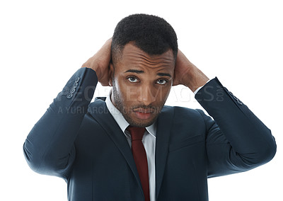 Buy stock photo Businessman, stress and portrait in studio for risk, debt and investment mistake on white background. Person, anxiety and fear for bankruptcy, news and financial crisis as phishing scam disaster