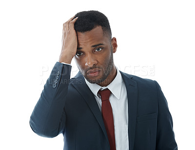 Buy stock photo Business man, stress and sad in studio for risk, debt and investment fail or mistake on white background. Person, headache and fear for bankruptcy and financial crisis as phishing scam disaster