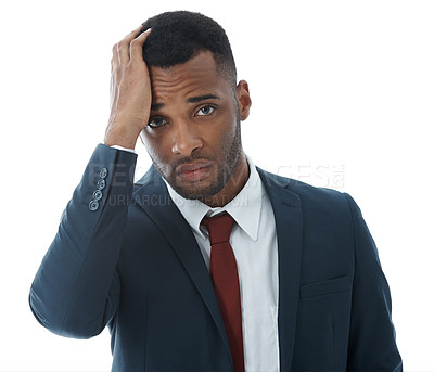 Buy stock photo Business man, stress and face in studio for risk, debt and investment fail or mistake on white background. Trader, anxiety and fear for bankruptcy, news and financial crisis as phishing scam disaster