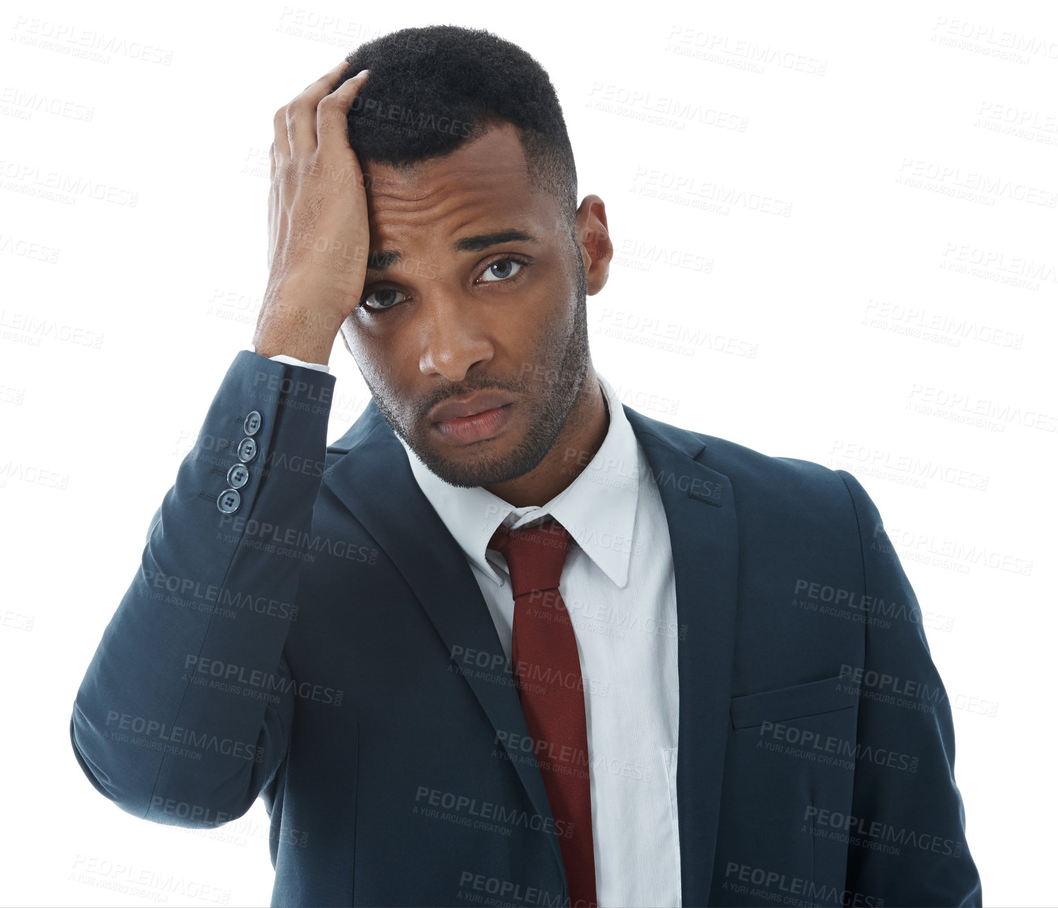 Buy stock photo Business man, stress and face in studio for risk, debt and investment fail or mistake on white background. Trader, anxiety and fear for bankruptcy, news and financial crisis as phishing scam disaster