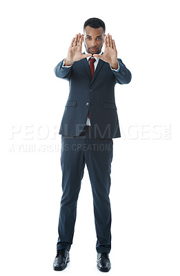 Buy stock photo Businessman, hand and frame with portrait in studio for emoji gesture and profile picture inspiration. Photography, producer and selfie with perspective for creative vision on white background mockup