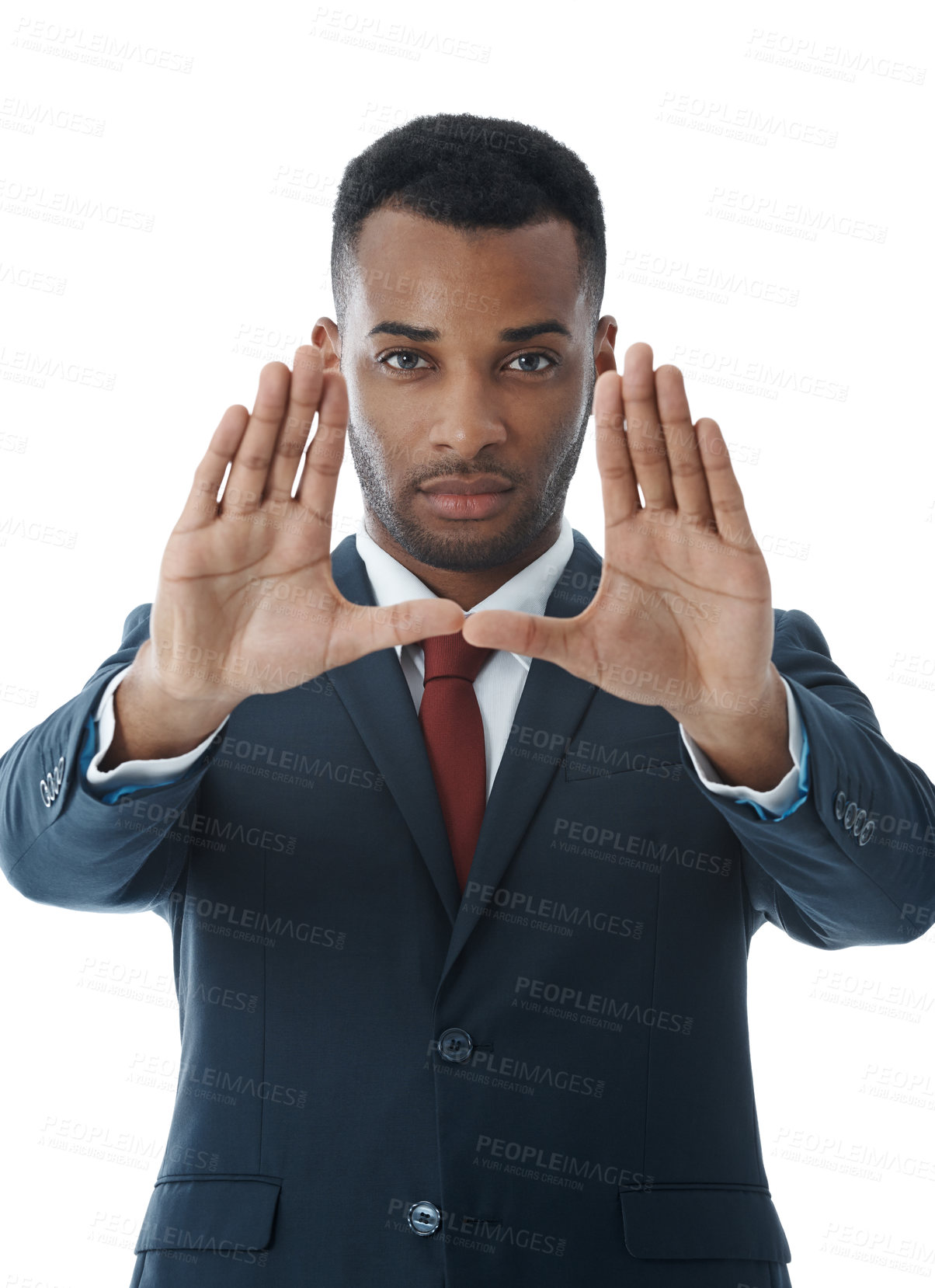 Buy stock photo Businessman, fingers and frame with portrait in studio for emoji gesture and profile picture inspiration. Photography, producer and selfie with perspective for creative vision on white background