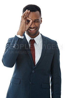 Buy stock photo Lens, business and black man with portrait, eye and consultant isolated on white studio background. African person, employee and risk analyst with vision for startup, future for career and expression