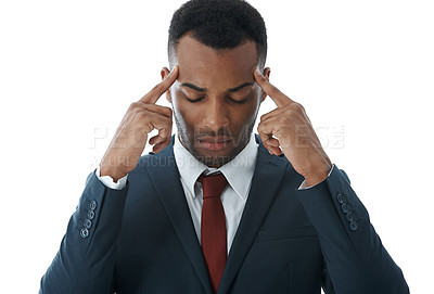 Buy stock photo Businessman, headache and thinking with stress in anxiety, depression or financial crisis on a white studio background. Frustrated man or employee in wonder, thought or debt with migraine for mindset