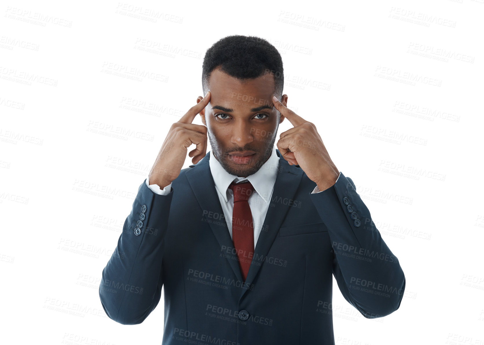 Buy stock photo Black man, portrait or professional pointing to temple in studio for thinking of ideas on white background. Male entrepreneur, head and business mindset for solution, problem solving and confidence