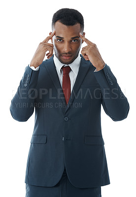 Buy stock photo Thinking, portrait or businessman pointing to temple in studio for memory of ideas on white background. Black model, head and entrepreneurship mindset for solution, problem solving and confidence