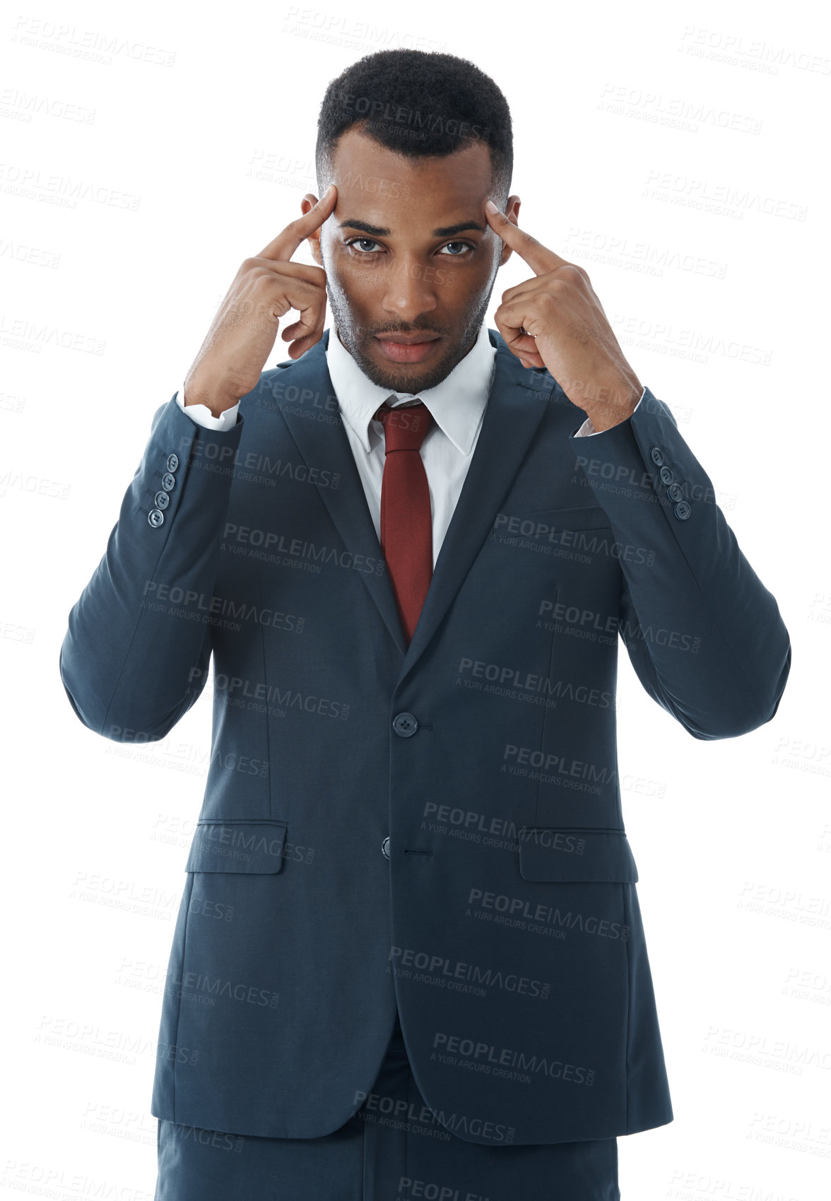 Buy stock photo Thinking, portrait or businessman pointing to temple in studio for memory of ideas on white background. Black model, head and entrepreneurship mindset for solution, problem solving and confidence