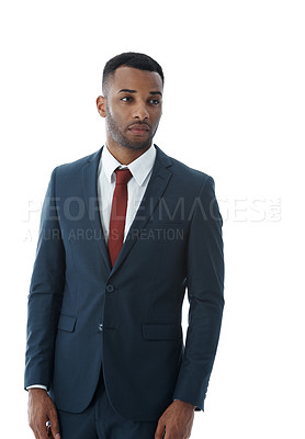 Buy stock photo Business, man and thinking in studio with confidence for corporate intern, career in law firm and trainee advisor. Professional, employee and thoughtful with pride for job on white background