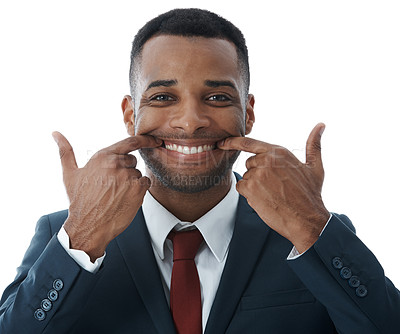 Buy stock photo Happy, businessman and portrait with teeth for expression or emotion on a white studio background. Face of young man or business employee with smile for positive attitude. mood change or mindset