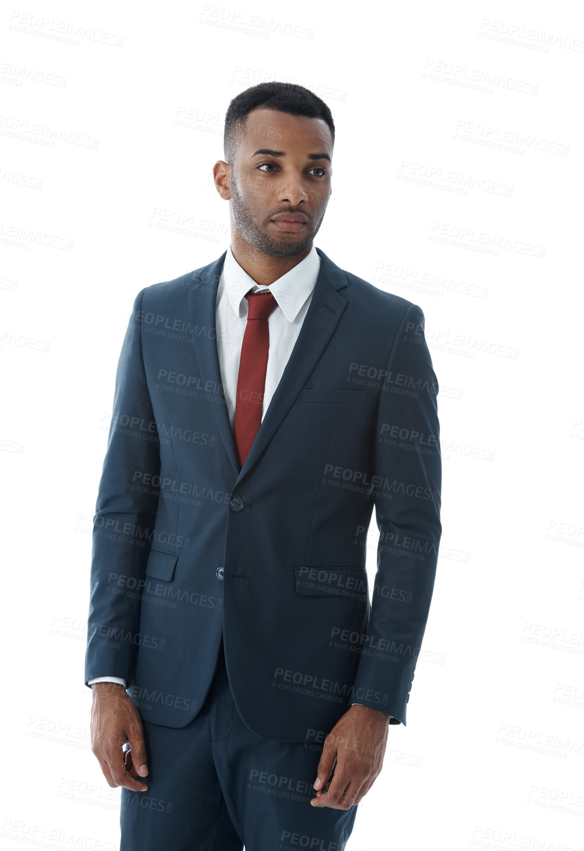 Buy stock photo Thinking, business attorney and black man with consultant in studio on white background. Professional lawyer, planning and confident employee, legal advocate or African advisor in law firm for career