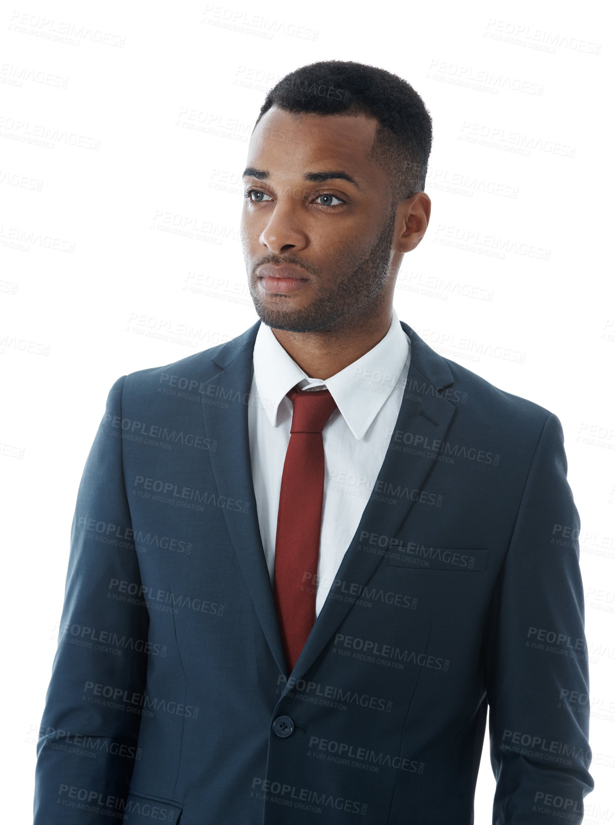 Buy stock photo Planning, business attorney and black man with consultant in studio on white background. Professional lawyer, thinking and confident employee, legal advocate or African advisor in law firm for career