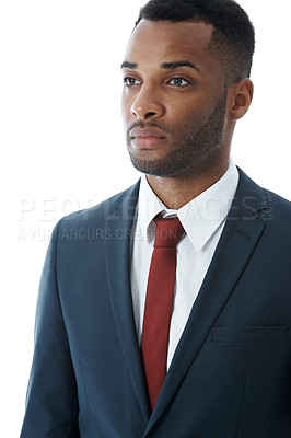 Buy stock photo Thinking, business lawyer and black man with consultant in studio on white background. Professional attorney, planning and confident employee, legal advocate or African advisor in law firm for career