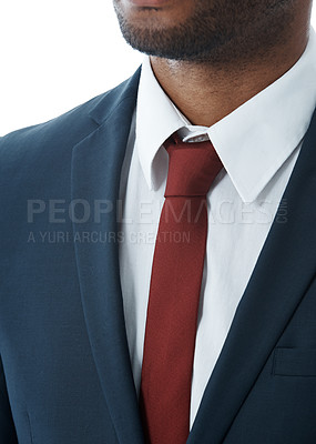 Buy stock photo Business, closeup and man in suit, fashion and elegant clothes isolated on white studio background. Tie, employee and financial consultant in corporate outfit, formal wear and stylish for confidence