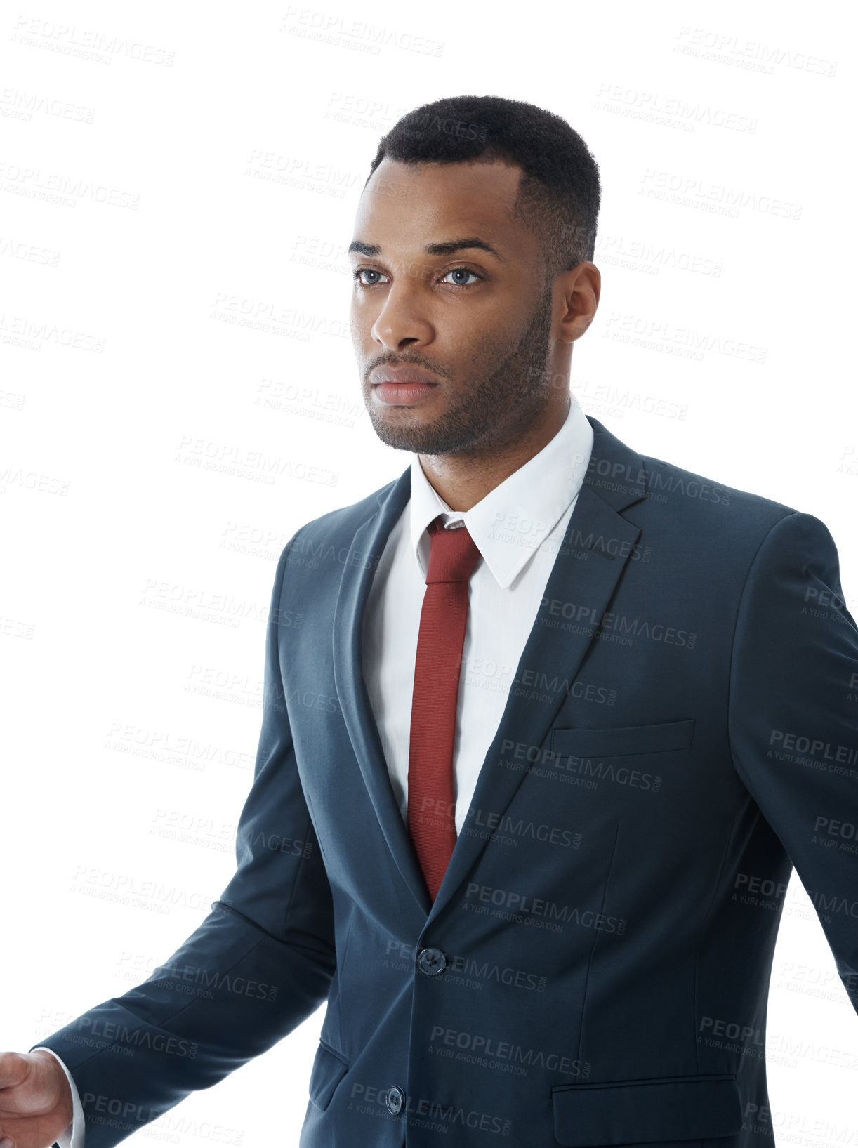 Buy stock photo Business, man and thinking or serious in studio with confidence for corporate intern, career in law firm or startup. Professional, employee or thoughtful with pride for job on white background mockup