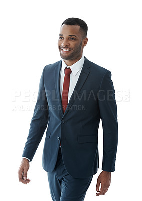 Buy stock photo Businessman, happy or thinking face in studio with confidence for corporate intern, career in law firm and startup. Professional, employee and thoughtful with pride for job on white background mockup