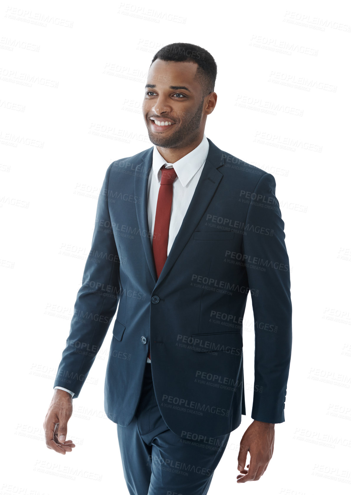 Buy stock photo Businessman, happy or thinking face in studio with confidence for corporate intern, career in law firm and startup. Professional, employee and thoughtful with pride for job on white background mockup