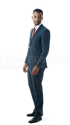 Buy stock photo Businessman, professional and serious with thinking in studio with confidence for corporate intern or career in law firm. Entrepreneur, employee or ideas with pride for job on white background mockup