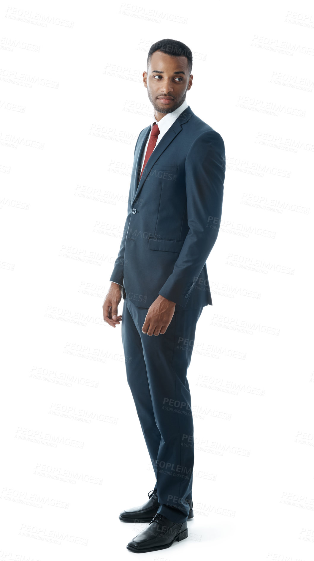 Buy stock photo Businessman, professional and serious with thinking in studio with confidence for corporate intern or career in law firm. Entrepreneur, employee or ideas with pride for job on white background mockup