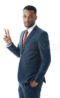 Buy stock photo Portrait, business lawyer and black man with peace sign in studio on white background. Professional attorney, face and confident employee, legal advocate and African advisor in law firm for career