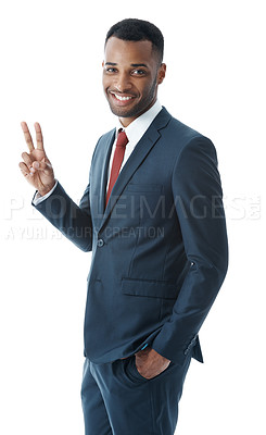 Buy stock photo Portrait, business attorney and black man with peace sign in studio on white background. Professional lawyer, face and confident employee, legal advocate and African advisor in law firm for career