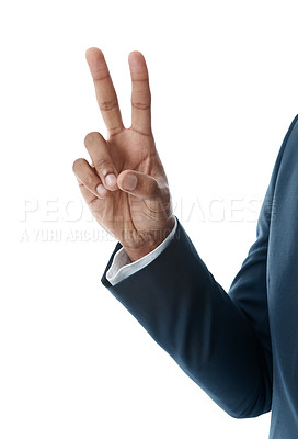 Buy stock photo Cropped view of an african american businessman giving the peace sign while isolated on white