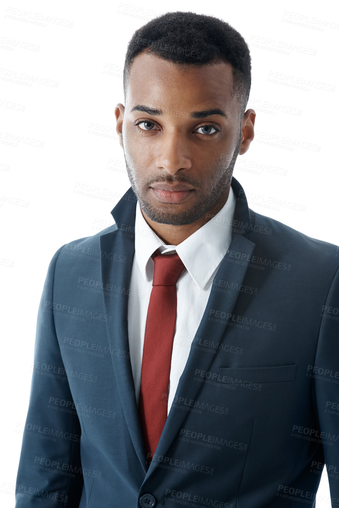 Buy stock photo Fashion, serious and portrait of black man in studio with elegant, trendy and classy suit. Handsome, confident and African male person with stylish outfit for business isolated by white background.