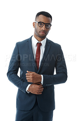 Buy stock photo African American businessman in a suit and glasses, isolated on studio background. One modern and trendy professional looking confident in his formal wear. A young successful corporate business man