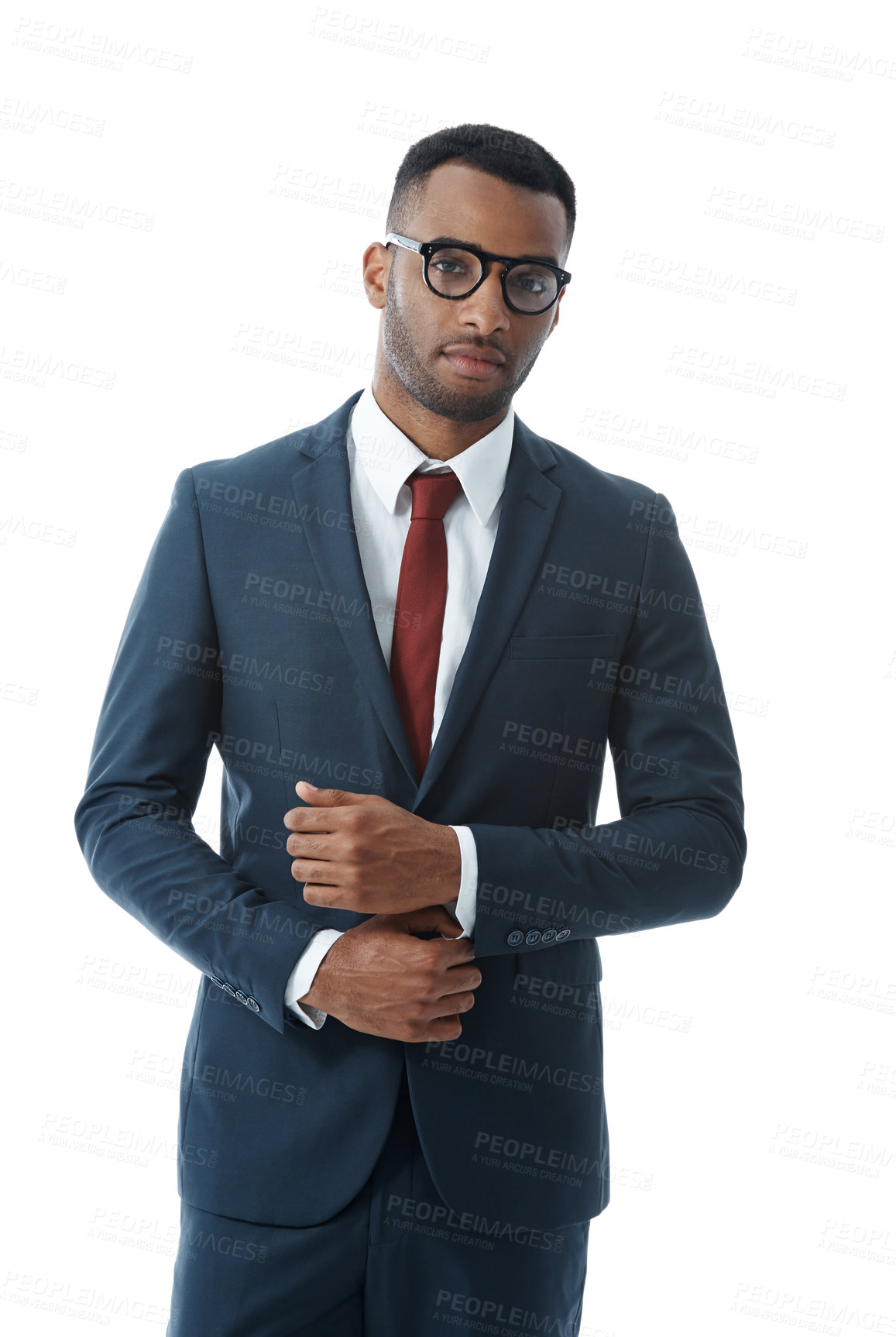 Buy stock photo African American businessman in a suit and glasses, isolated on studio background. One modern and trendy professional looking confident in his formal wear. A young successful corporate business man