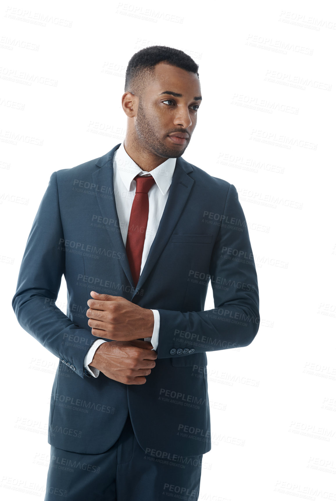 Buy stock photo Thinking, business and black man with fashion, decision and employee isolated on white studio background. African person, financial consultant and agent with confidence, choice and thoughts with idea